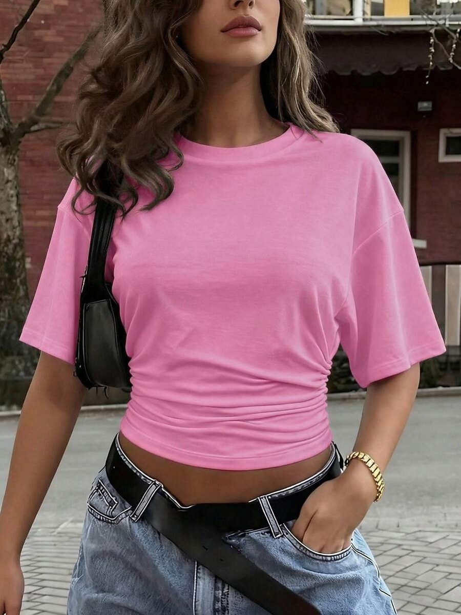 Per donna Maglietta Arricciato Tinta unica Semplice Moda Elegante Classico Manica Corta Girocollo Top corti Quotidiano Uscire Weekend Marrone Scuro Nero Bianco Rosa Vino Estate Primavera del 2026 a €18.99 –P17