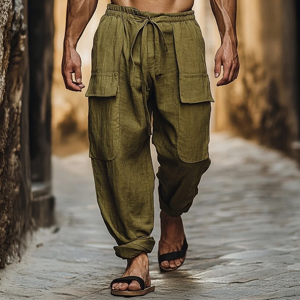 Homens Calças de linho de algodão Calças Calça verão Calças de praia Com Cordão Cintura elástica Côr Sólida Conforto Confortável Diário Ao ar livre Streetwear Férias Moda Verde Sem Elasticidade de 2026 por $27.99 –P1