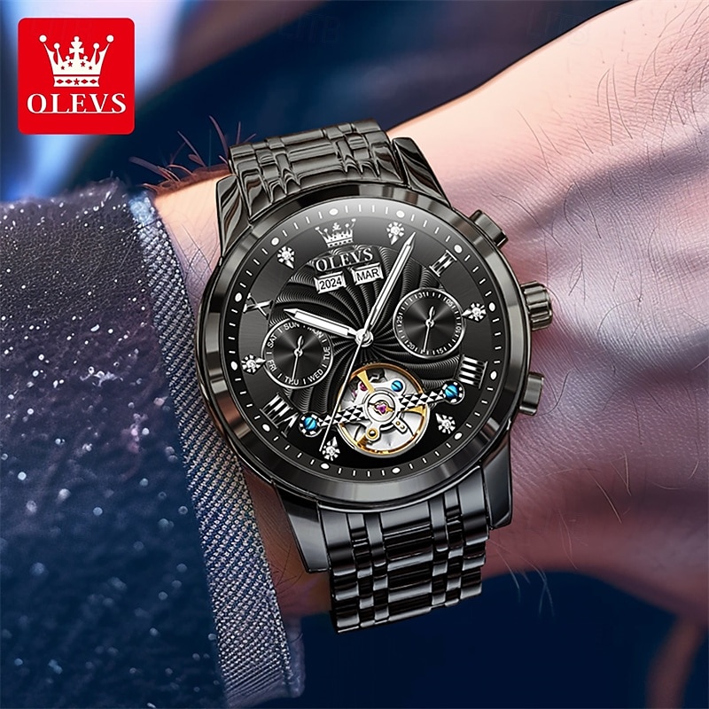 Orologio automatico da uomo Olevs Skeleton, lussuoso orologio da polso da lavoro bicolore in acciaio inossidabile con calendario multifunzione, orologio meccanico analogico luminescente impermeabile, del 2026 a $109.99 –P20
