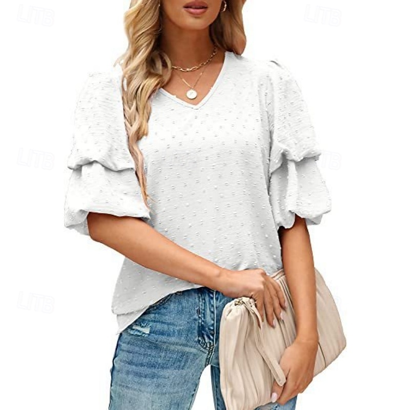 Mulheres Camisa Social Blusa Tops de chiffon Tecido à moda Básico Clássico Manga Curta Manga Princesa Decote V Tops regulares Casual Diário Feriado Azul Preto Branco Vinho Verde Escuro Verão Primavera de 2026 por $18.49 –P8