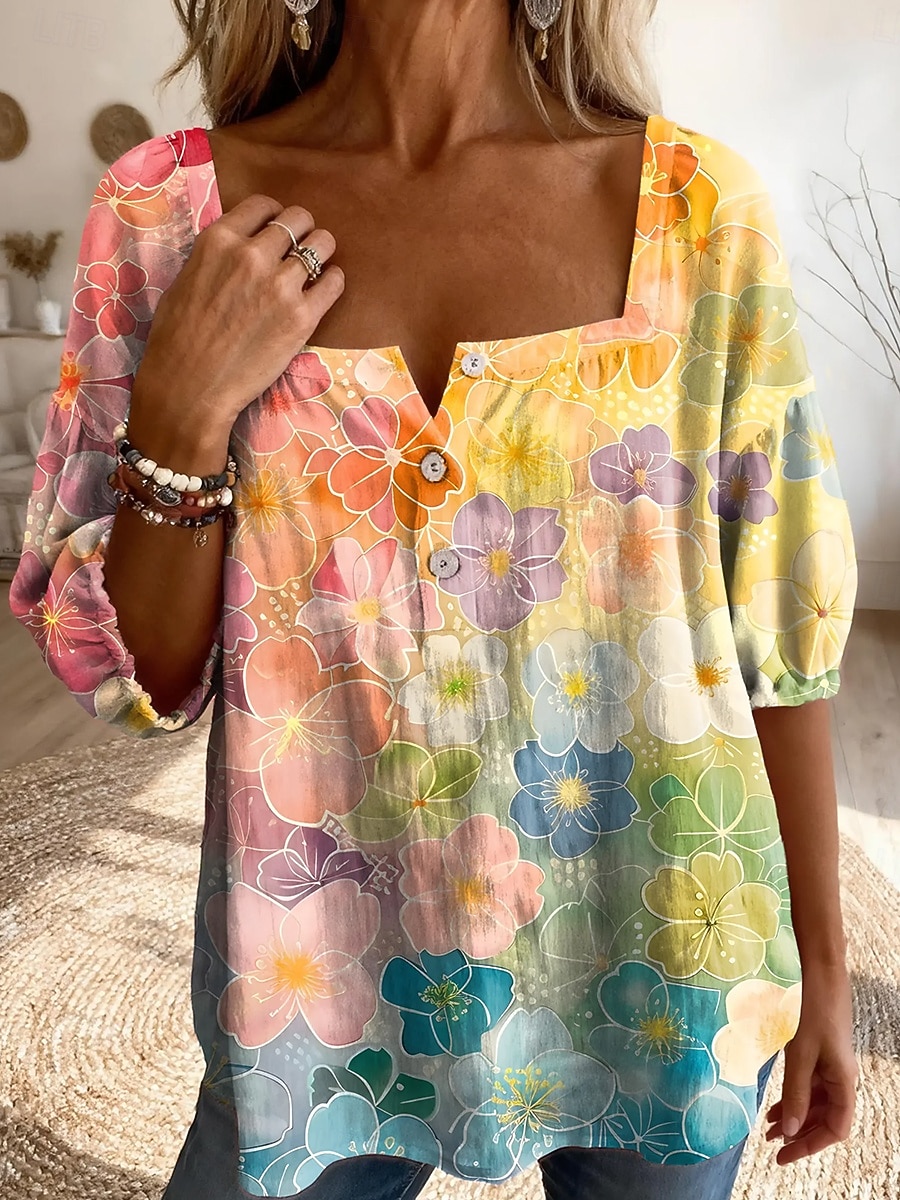 Per donna Blusa Stampato Floreale Grafico Quotidiano Elegante Casual Mezza Manica Collo quadrato Top Regolari Casuale Quotidiano Blu Giallo Rosso Viola Estate Primavera del 2026 a $33.99 –P1