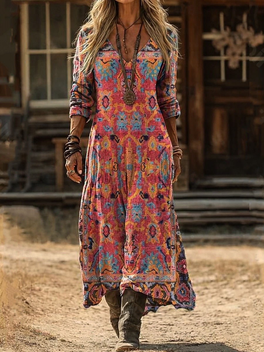 Dames Maxi-jurk Boho-jurk Vintage Jurk Casual jurk Vintage Ruim Passend Bloemig Lange mouw V-hals Zwart en Wit Ijsblauw Zwart Geel Zomer Lente 2026 - $37.99 –P1