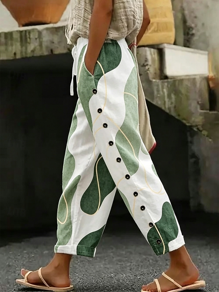 Per donna Finto cotone e lino Pantaloni Pantaloni casual Pantaloni Estivi Vacanza Moda Essenziale Lunghezza alla caviglia Misura del girovita medio Grafico Geometrico Astratto Tasche Laterali Stampato del 2026 a $37.99 –P1