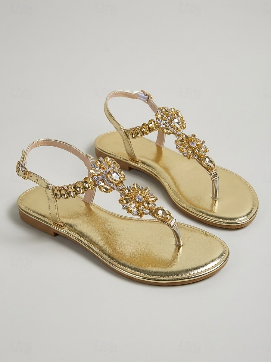 Women's Gold Crystal Flat Sandals, Open Toe T-Strap Evening Dress Shoes for Resort Dinner, Vacation & Summer Evening Events 2026 - $34.99 –P4
