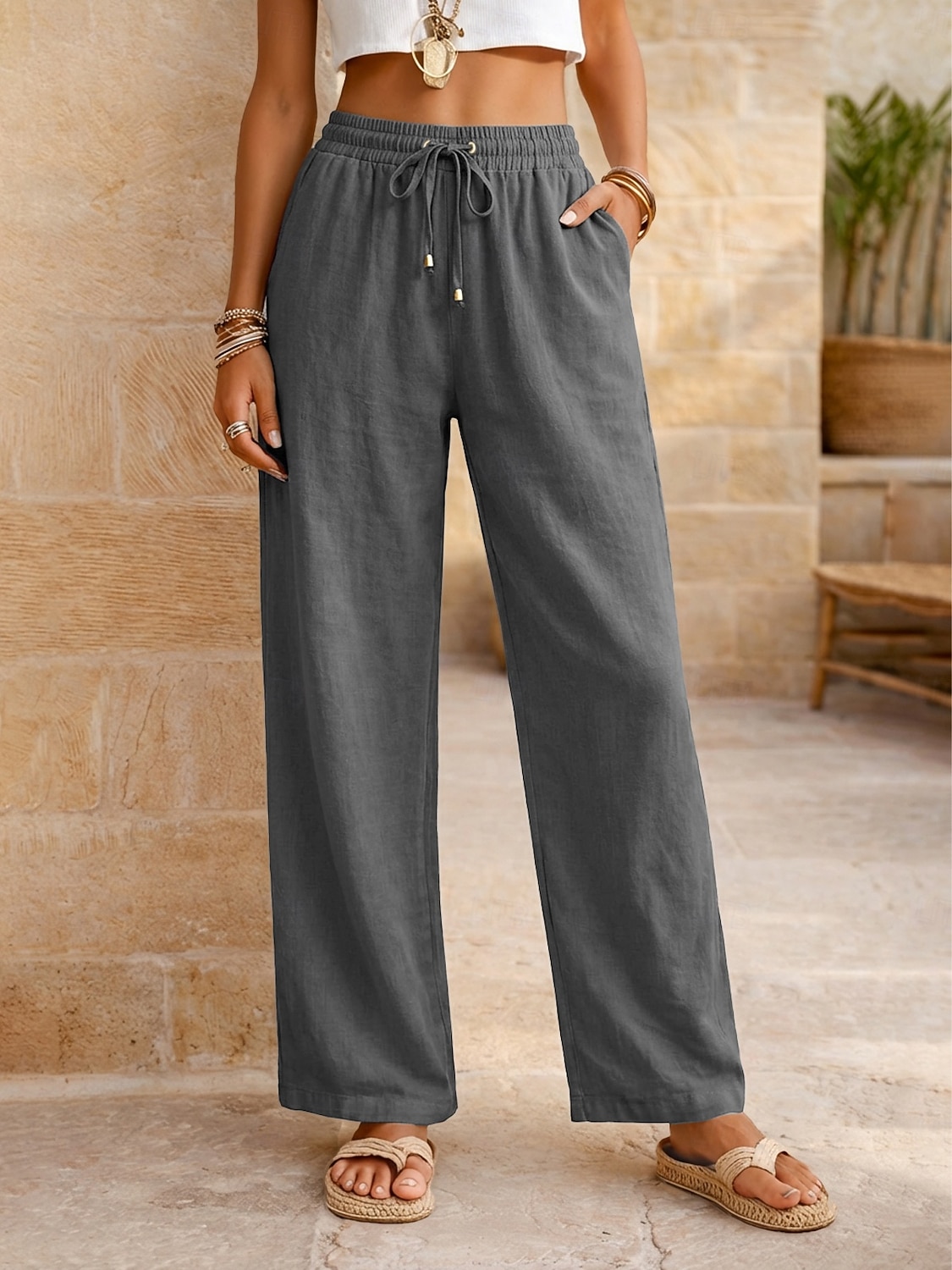 Women's Cotton Linen Pants Summer Pants Pants Trousers Vacation Basic Casual Daily Full Length Natural Plain Drawstring Front Pocket Comfort Breathability Comfortable Inelastic Daily Going out Weekend 2026 - $22.99 –P20