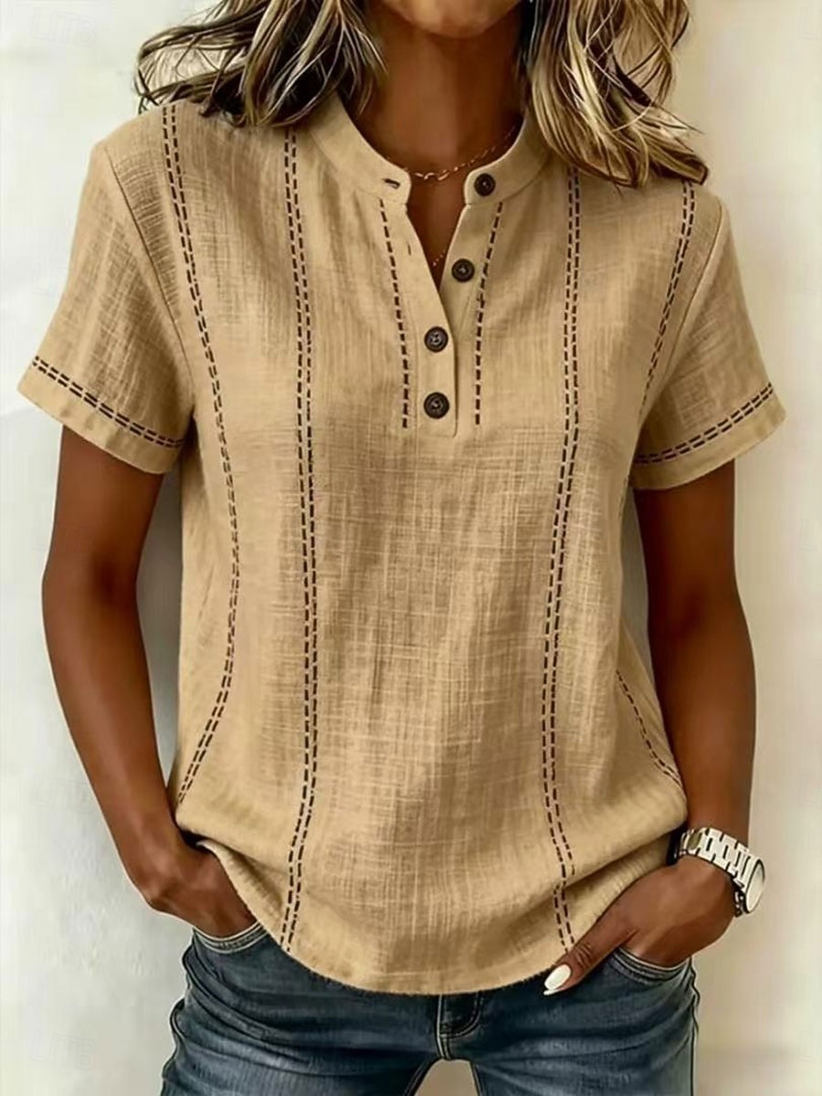 Γυναικεία Μπλουζάκι Πουκάμισο Henley Μπλουζάκι μπλουζάκι Κουμπιά Ριγέ Μοντέρνα Κοντομάνικο Χένλι Κανονικά μπλουζάκια Causal Παραλία Φθινόπωρο Μαύρο Λευκό Πράσινο Ανοικτό Ανθισμένο Ροζ Βαθυγάλαζο 2026 - $27.99 –P13