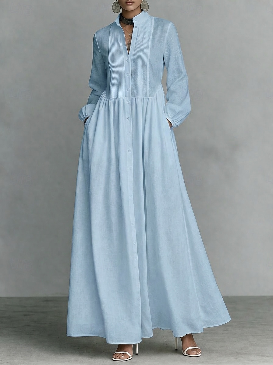 Жен. Длинное платье Платье-рубашка Белое платье Платье на выпускной Элегантный стиль Мода Современное на открытом воздухе Отпуск На выход Стандартный Полотняное плетение Длинный рукав Вырез под горло 2026 - NZ $76.09 –P4