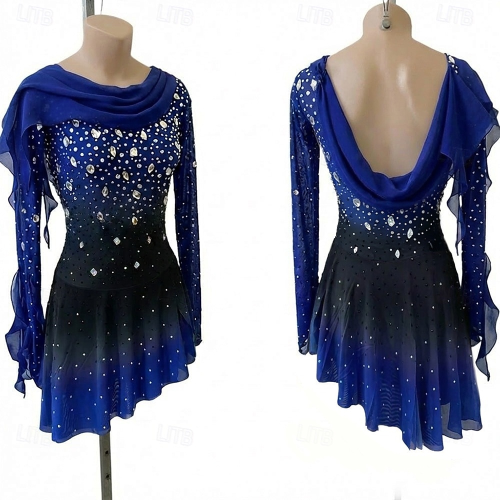 Rochie de Patinaj Artistic Pentru femei Πατινάζ στο πάγο Rochii Negru / Albastru Peteci Deschide Înapoi Strech Antrenament Competiție Ținută Patinaj Clasic Cristale / Strasuri Manșon Lung Patinaj pe 2026 - $211.59 –P1