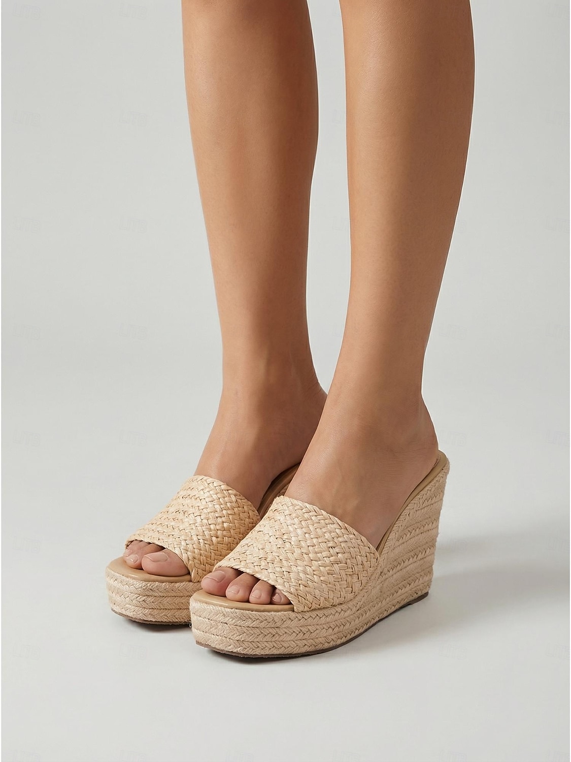 Sandali con zeppa intrecciati color kaki naturale da donna - espadrillas con plateau e texture in paglia intrecciata per vacanze all'aperto e resort al mare &viaggi estivi del 2026 a $54.99 –P2