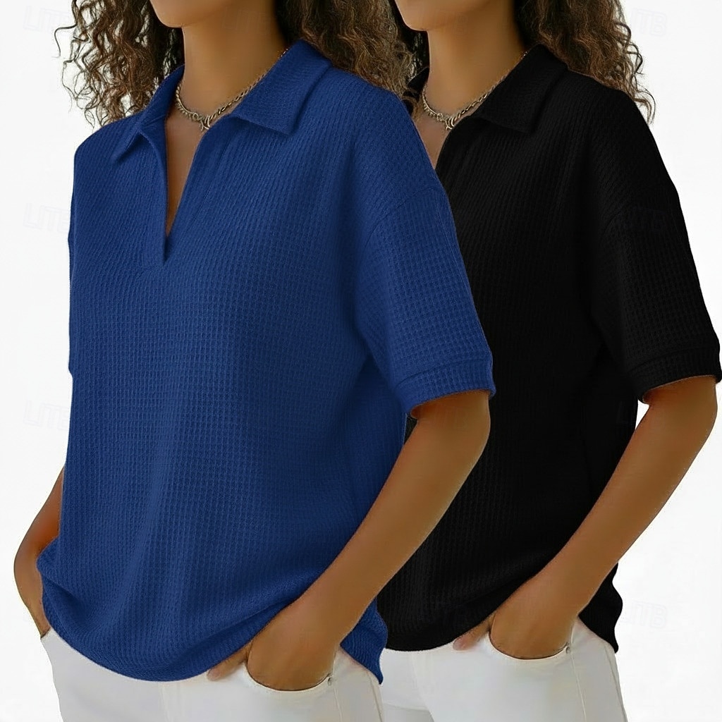 Wielopak 2 szt. damskich koszulek z waflowym wzorem, koszulki polo, T-shirty, dzianinowe topy z waflowym wzorem, proste, modne, podstawowe, klasyczne, z krótkim rękawem, z kołnierzykiem, zwykłe topy, codzienne, plażowe, żółte i pomarańczowe 2026 - $41.99 –P3