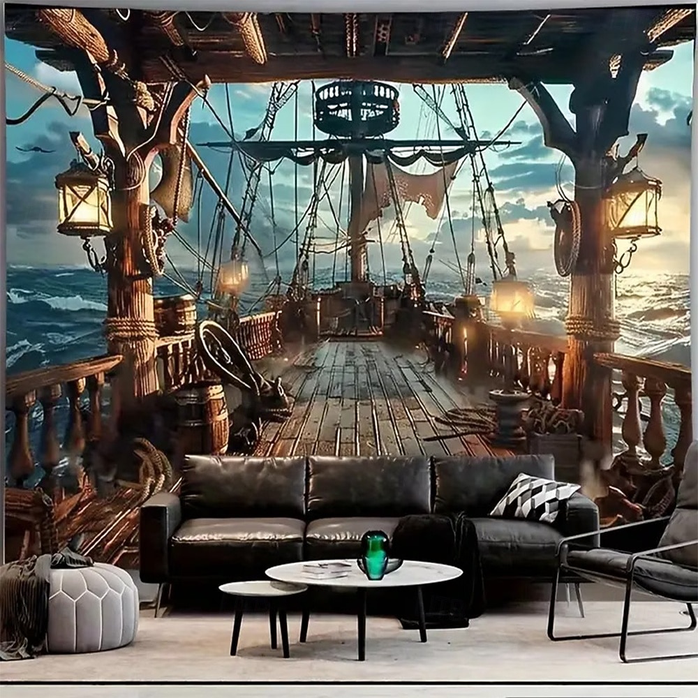 piratskepp nautiskt äventyr träskeppsdäck havsvågor havsutsikt lyktor solnedgång väggbonad väggdekoration bakgrund för vardagsrum sovrum man cave tema fest heminredning väggkonst 2026 - $19.99 –P1