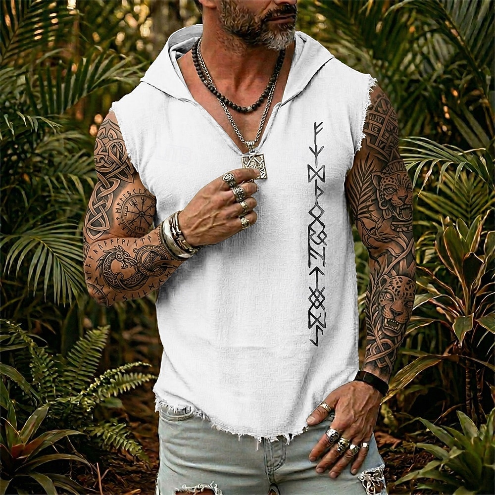 Herren-Weste mit Wikinger-Runen, nordischen Futhark-Mustern, heidnischem Krieger-Boho-Tribal-Stil, ärmellos, Kapuze, Grafik, ausgefranstem Saum, lockerer Passform, Sommer, Strand, Festival, 2026 - $19.99 –P4