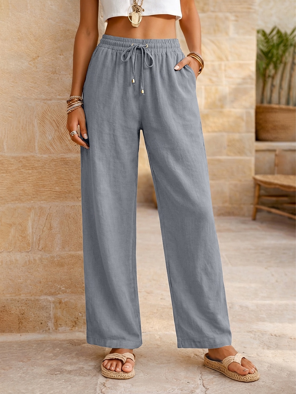 Women's Cotton Linen Pants Summer Pants Pants Trousers Vacation Basic Casual Daily Full Length Natural Plain Drawstring Front Pocket Comfort Breathability Comfortable Inelastic Daily Going out Weekend 2026 - $22.99 –P16