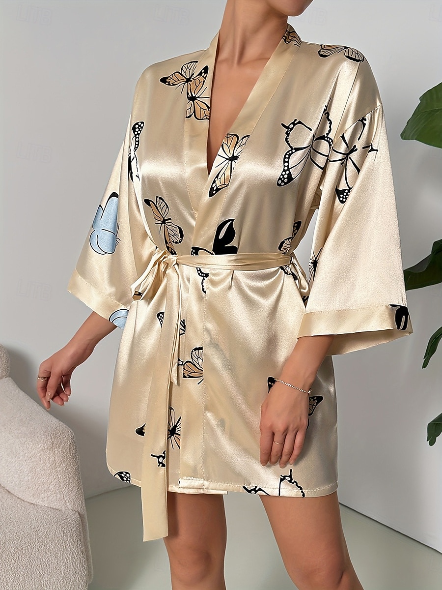 Women's Loungewear Robe Nightgown Fashion Casual Graphic Butterfly Satin Silky Pajamas Pyjamas Patchwork Dress Home Vacation Half Sleeve V Neck Champagne Summer Spring Regular Fit Loose Fit 2026 - $21.99 –P2