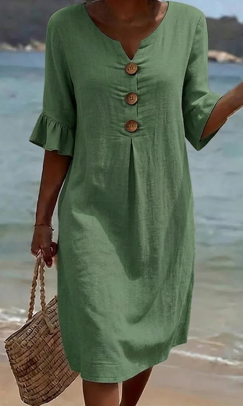 Damskie Sukienka midi Sztuczna bawełna len Sukienka trapezowa Codzienny Codzienny Luźna Równina Rękaw 3/4 W serek Niebieski Czarny Biały Zielony Lato Wiosna Jesień 2026 - $13.49 –P3