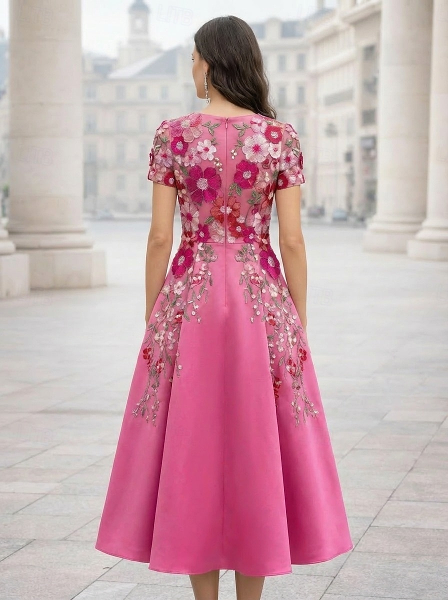 A-Line Ankle Length Tea Length Cocktail Dresses Elegant Vintage Floral Short Sleeve V Neck Garden Party Wedding Pink Dress Satin Tulle with Embroidered Flower Pleats Embroidery 2026 - $182.99 –P4