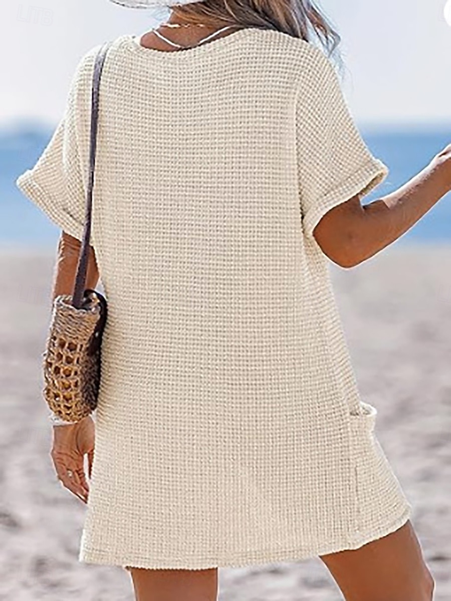 Жен. Купальники Накидка Купальное платье Платья купальник Пэчворк Карман Отпуск Одежда для пляжа Полотняное плетение V-образный вырез Короткие рукава Купальники 2026 - BHD 9.2 –P2