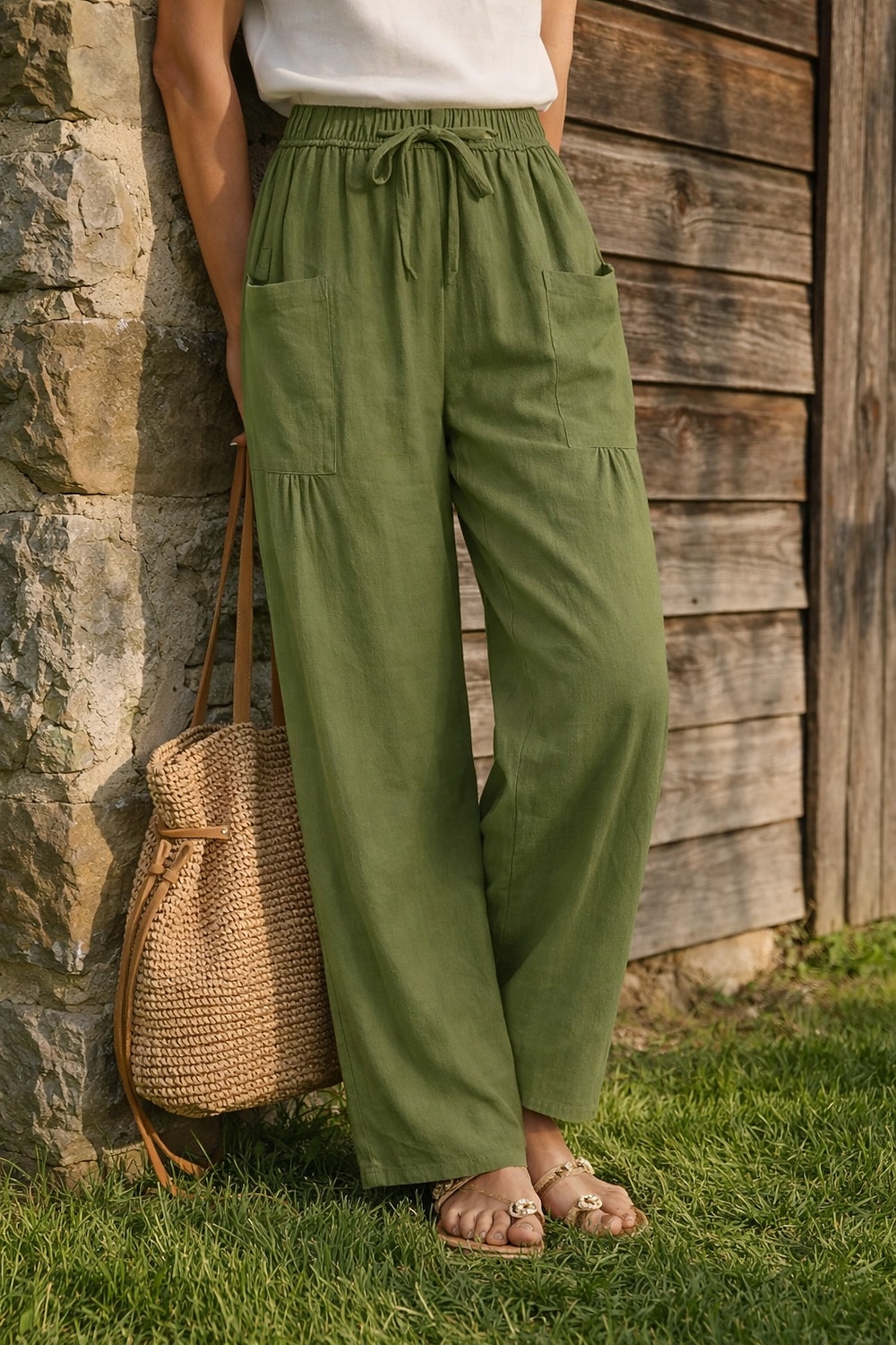 Жен. Широкие Льняные брюки Штаны Чино Отпуск Мода Классический Полная длина Нормальная Полотняное плетение Кулиска Плиссировка Карман Комфорт Легкость Дышащий Неэластичная 2026 - $19.99 –P2
