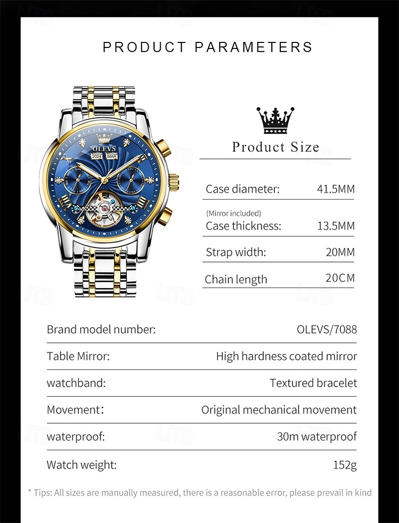 Orologio automatico da uomo Olevs Skeleton, lussuoso orologio da polso da lavoro bicolore in acciaio inossidabile con calendario multifunzione, orologio meccanico analogico luminescente impermeabile, del 2026 a $109.99 –P10