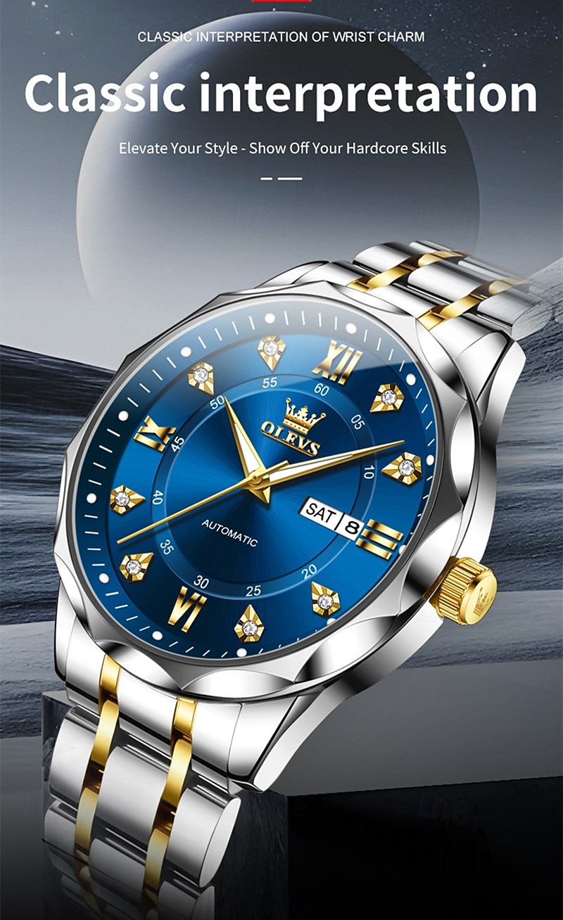 OLEVS Automatic Watch for Men, All Black Stainless Steel Luxury Business Self Winding Wristwatch with Day Date and Luminous Diamonds, Waterproof Analog Dress Watch, Gift for Husband Dad 2026 - $76.99 –P10