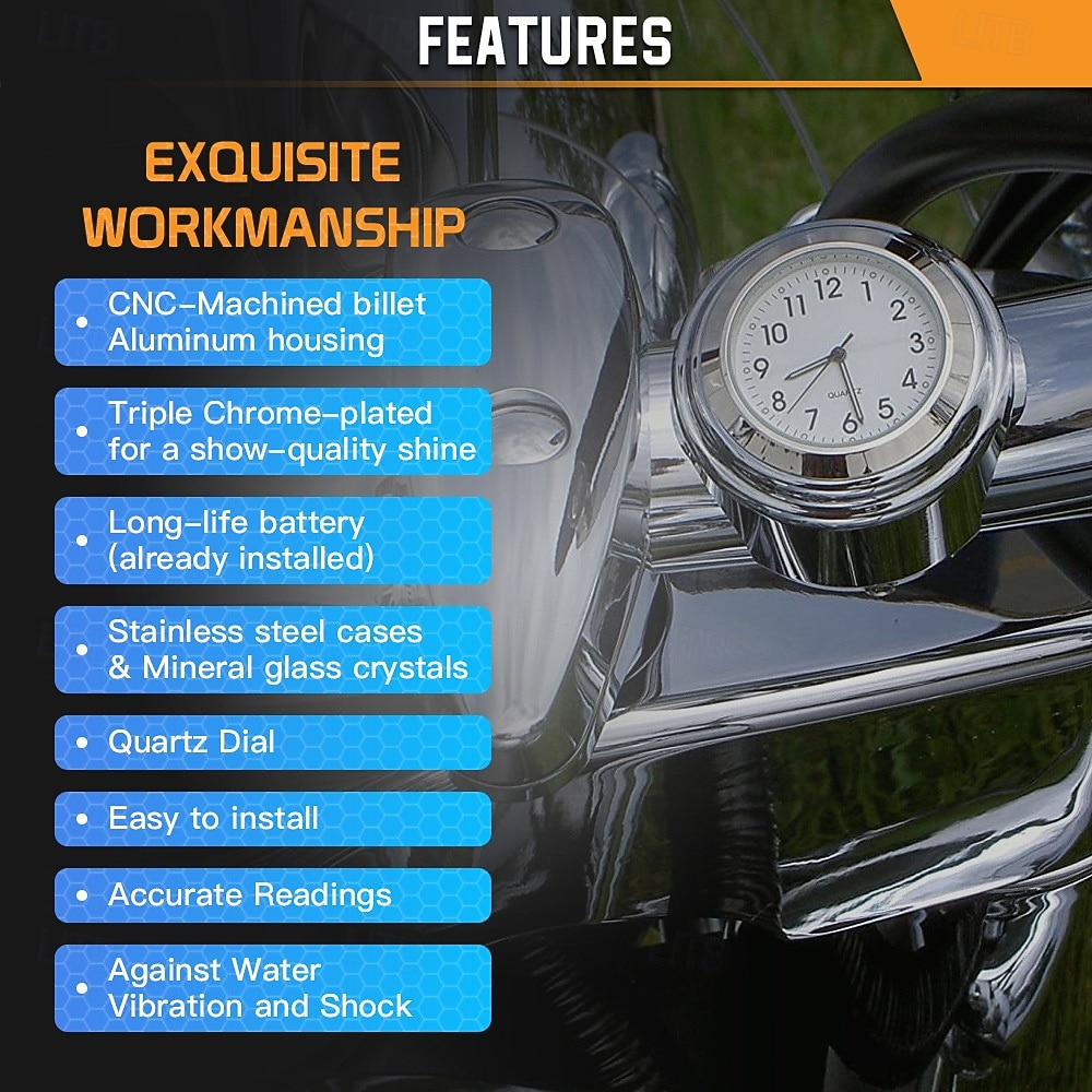 2-teiliges Motorrad-Lenkeruhr- und Thermometer-Set, wasserdichte Chrom-Quarzuhr &Temperaturanzeige für 7/8"- und 1"-Lenker, universell passend für Cruiser- und Chopper-Motorräder, schwarz oder silber 2026 - $24.99 –P7