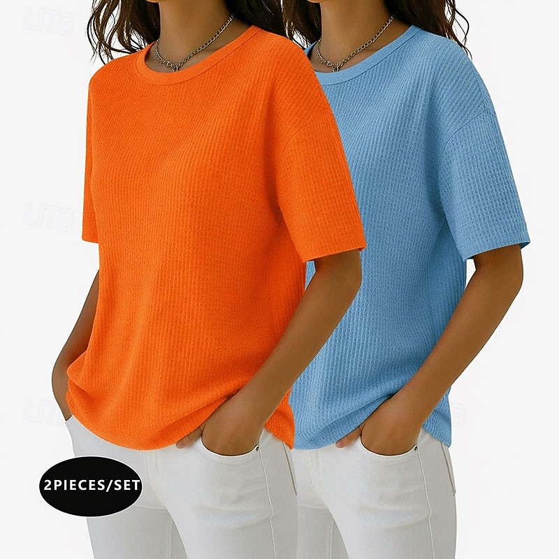 Набор из 2 женских футболок с вафельной текстурой, вафельный трикотаж, однотонные, стильные, базовые, классические, с коротким рукавом, круглым вырезом, стандартного кроя, повседневные, пляжные, розовые+оранжевые. 2026 - $41.99 –P1