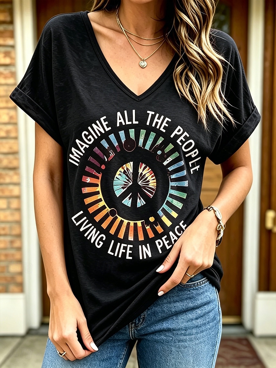 Women's T Shirt Print Graphic Letter Vintage Stylish Casual Short Sleeve V Neck Regular Tops Casual Daily Weekend Blue Black Red Purple Summer Spring 2026 - $21.99 –P2