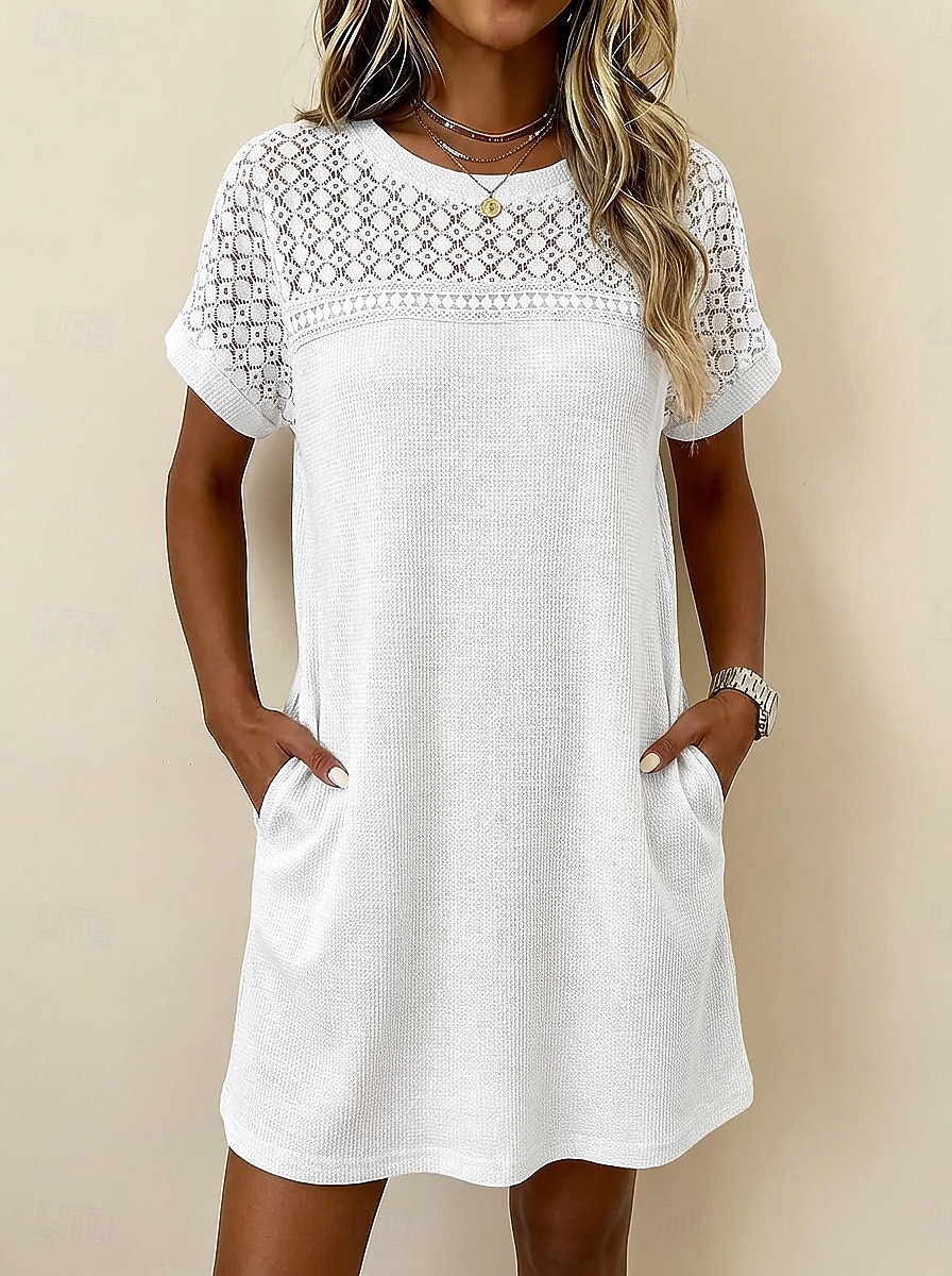 Mulheres Minivestido Vestido de renda Vestido Waffle Vestido T shirt Básico Clássico Diário Férias Normal Tecido Manga Curta Gola Redonda Preto Branco Rosa Damasco Verão Primavera de 2026 por $27.99 –P1