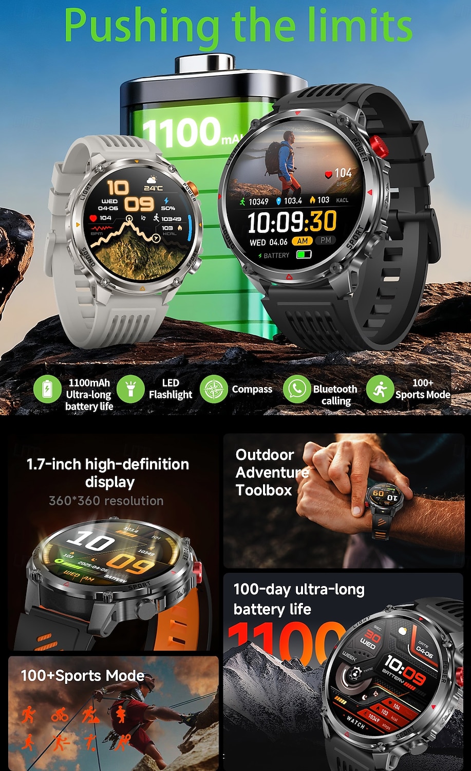 Rugged Military Smart Watch for Men with Bluetooth Call, 1100mAh Battery, LED Flashlight & Compass, IP68 Waterproof Outdoor Tactical Fitness Watch, 100+ Sports Modes Smartwatch for Android iOS 2026 - $54.99 –P1