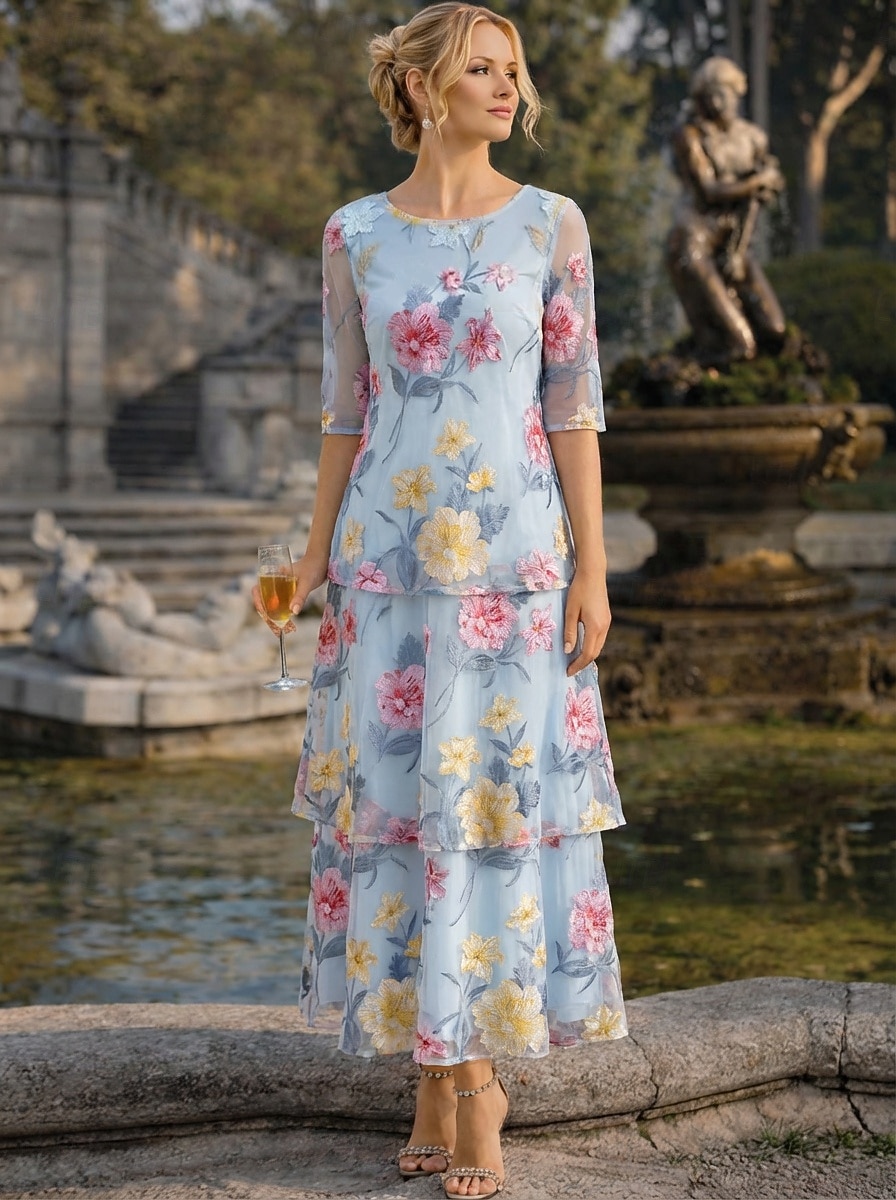 A-linje Kjoler Ankellengde Festkjole Cocktail Kjole Kjole til brudens mor Halvlange ermer Øsehals Elegant Årgang Formell Bryllupsgjest Ferie Chiffon med Blomstertrykk Drapert Broderi 2026 - $186.99 –P1