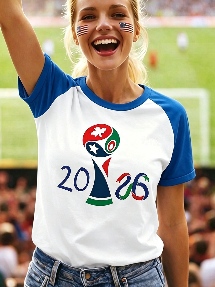 t-shirt da calcio da donna con stampa grafica, lettera, elegante, classica, casual, manica corta, girocollo, top regolari, casual, quotidiano, blu, nero, rosso, verde, estate, primavera del 2026 a $21.99 –P2