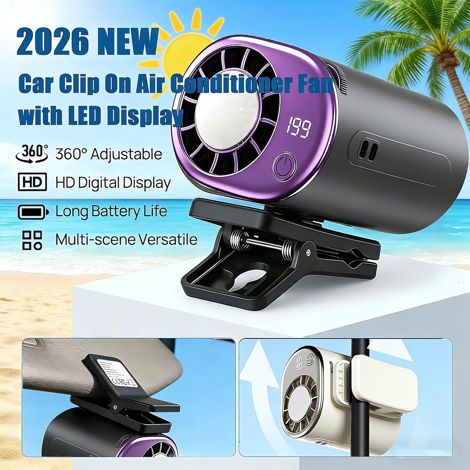 2026 Car Clip On Air Conditioner Fan with 16°C Semiconductor Cooling Chips,199 Speeds Adjustable, LED Display & 360° Rotation, Portable Personal Cooling Fan for Car Office Bike Beach Umbrella 2026 - $30.99 –P3
