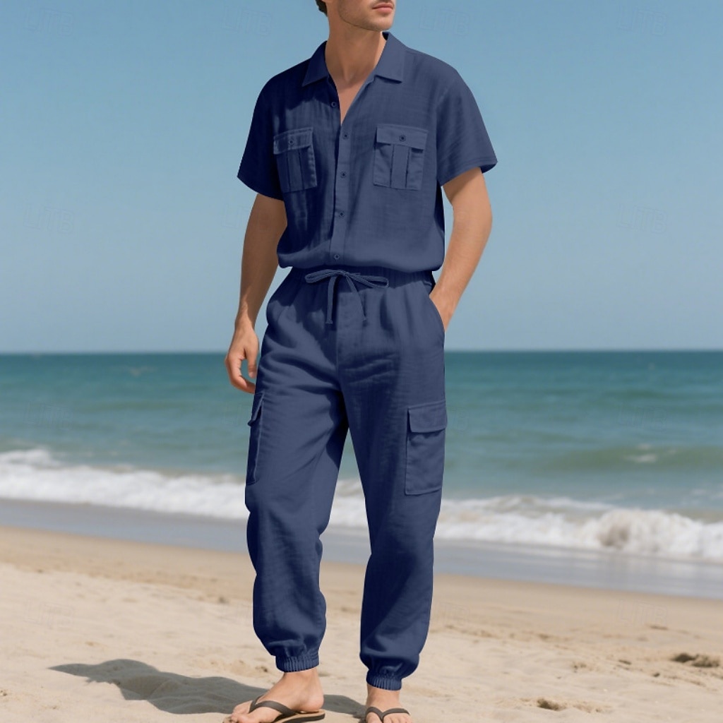 Men's Linen Shirt 2 Piece Shirt Set And Cargo Pants Linen Pants Trousers Set Plain Casual Daily Outdoor Turndown Short Sleeves Summer Fashion Casual Comfortable Clothing Apparel 2026 - $36.99 –P7