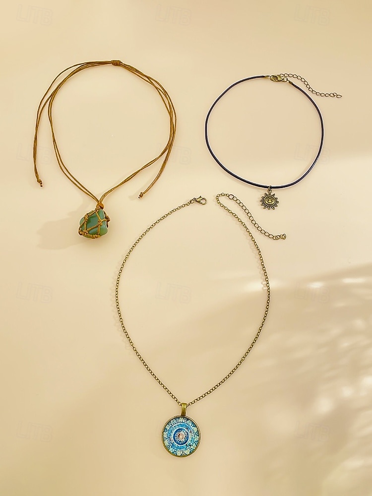Dámská sada náhrdelníků v bohémském stylu ze smíšených materiálů, 3dílná šperková sada, ležérní a plážové outfity, ideální pro každodenní bohémské outfity 2026 - $9.99 –P5