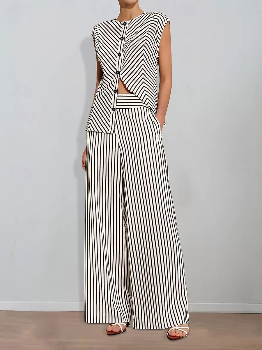 Striped Print Two Piece Pantsuit Mother of the Bride Pantsuit Classic Simple Minimalist Crew Neck Floor Length Metal Buttons Sleeveless with Sash / Ribbon 2026 - $195.99 –P2