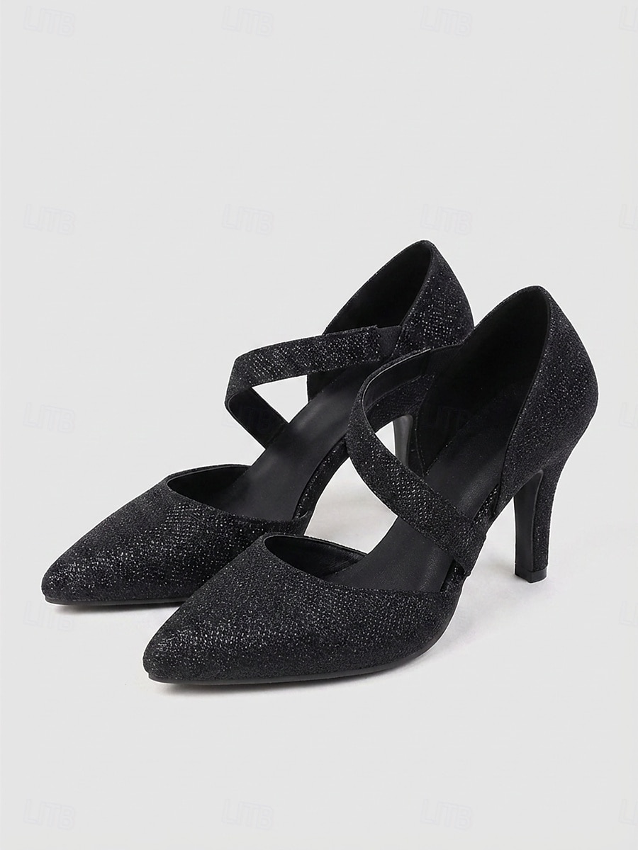 Zapatos de tacón Mary Jane negros con purpurina para mujer: elegantes zapatos de vestir de punta para la madre de la novia, boda en la ciudad. &eventos formales 2026 - $46.99 –P4
