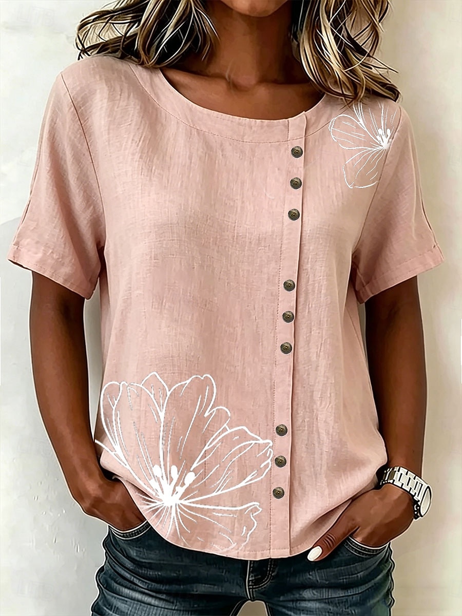 Women's Blouse Buttons Print Floral Graphic Vintage Tropical Stylish Short Sleeve Crew Neck Regular Tops Casual Holiday Blue Pink Purple Green Summer Spring 2026 - $29.99 –P4