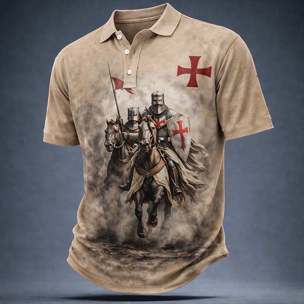 Męskie Templariusze Koszulki polo Krótki rękaw Koszulki polo Klapa Zabytkowe Codzienny Ulica Athleisure Dzienne zużycie Druk 3D Guziki Oddychająca siateczka Lato Wiosna Czarny Brązowy Zielony 2026 - $21.99 –P1