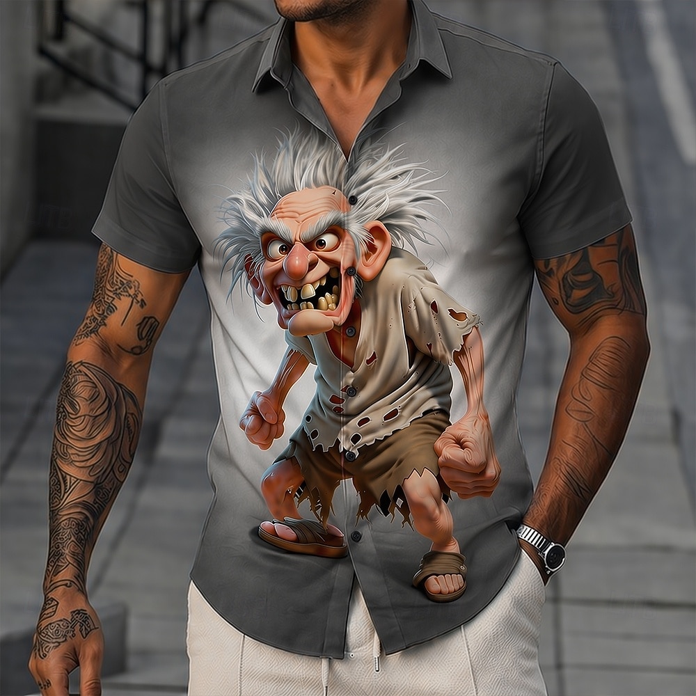 Men's Funny Cartoon Character Old Man Shirt Summer Shirt Button Up Shirt Short Sleeve Vintage Retro Daily Outdoor Vacation Summer Spring Turndown 3D Print Collared Shirts Brown Khaki Gray 2026 - $25.99 –P2