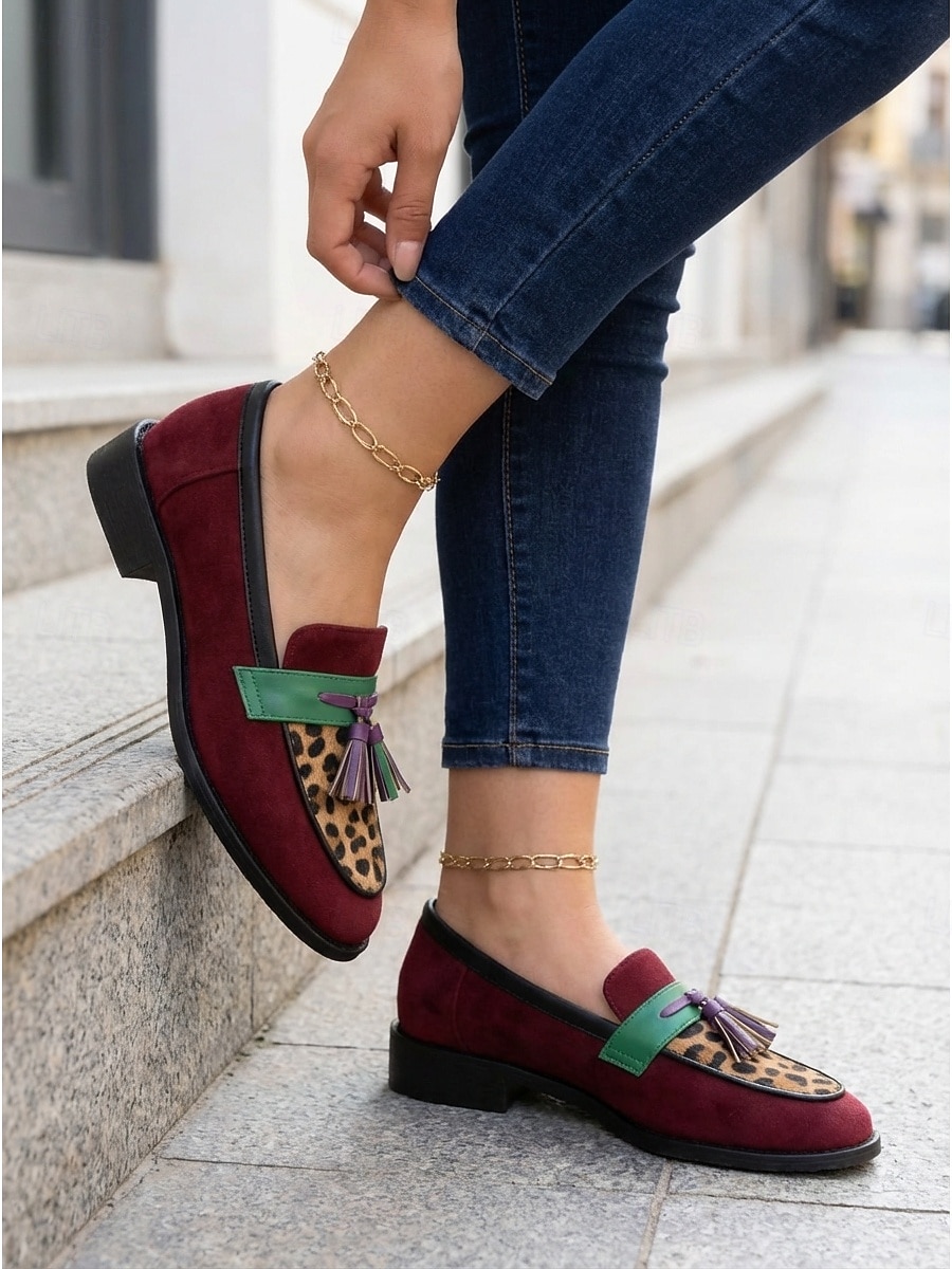 Mocasini de damă din piele întoarsă vișinie și verde cu ciucuri și accente de leopard – pantofi comozi de zi cu zi pentru serviciu și ținute casual 2026 - $46.99 –P1