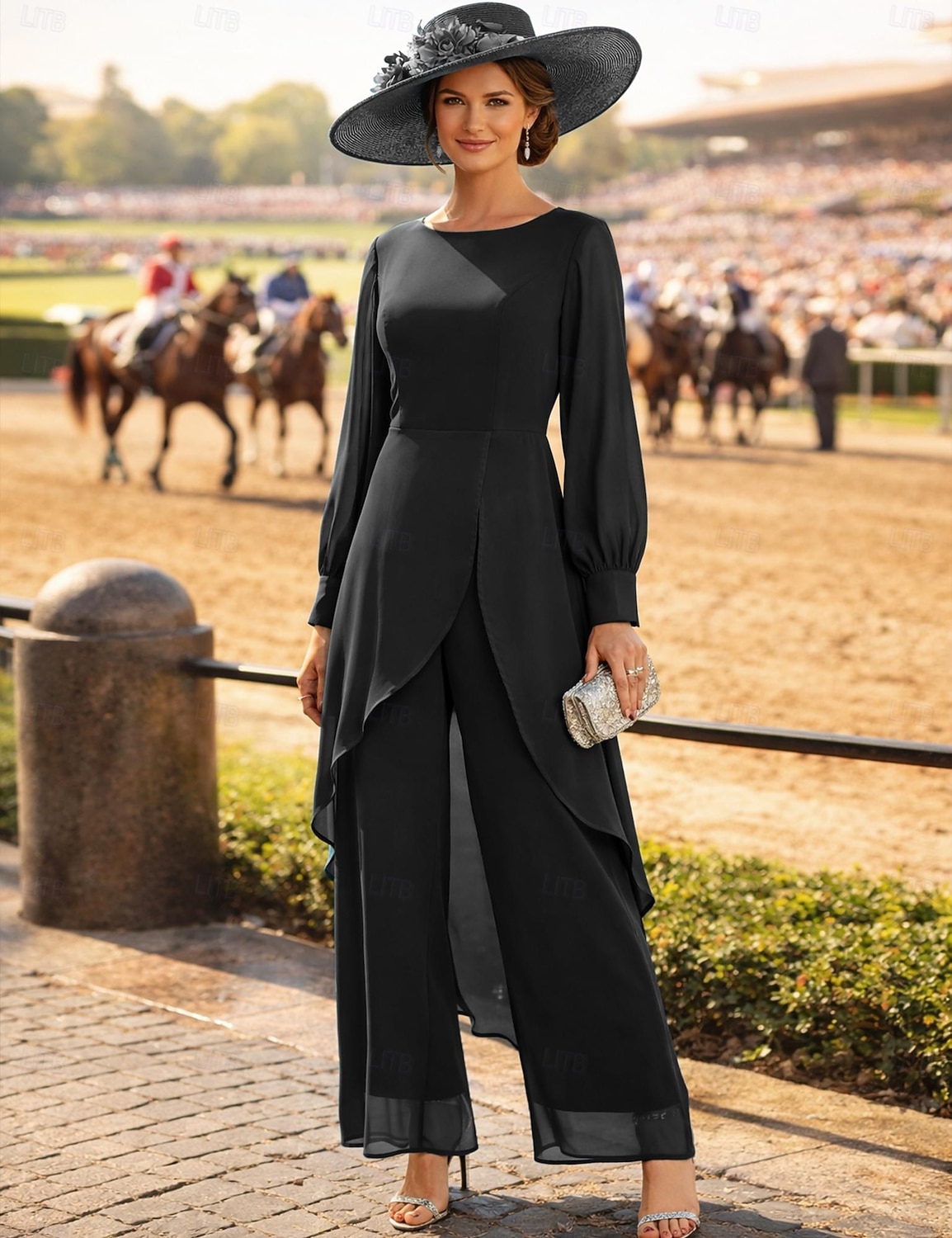 Buksedrakt Asymmetrisk Kjole til brudens mor Langermet Crew-hals Elegant Formell Bryllupsgjest Formell kveld Chiffon med Ensfarget 2026 - $160.99 –P12