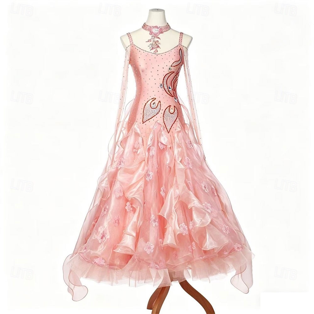 Ballroom Dance Dress Rhinestone Pleats Splicing Women's Party Training Performance Long Sleeve High Spandex Polyester 2026 - $591.39 –P1