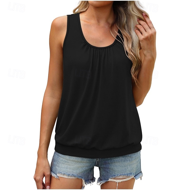 Per donna Canotta Maglietta senza maniche Maglietta Arricciato Tinta unica Elegante Classico Casual Senza Maniche Girocollo Top Regolari Quotidiano Uscire Weekend Blu Nero Verde militare Azzurro cielo del 2026 a $19.99 –P2