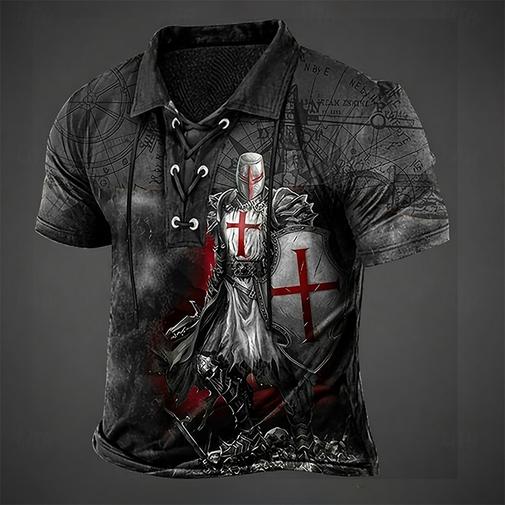 Hombre Cruz Templaria Camisetas polo Manga Corta Camisas de polo cuello con cordones Vintage Casual Ropa de calle Ropa Cotidiana Impresión 3D Malla Transpirable Primavera verano Negro Marrón Gris 2026 - $22.99 –P2