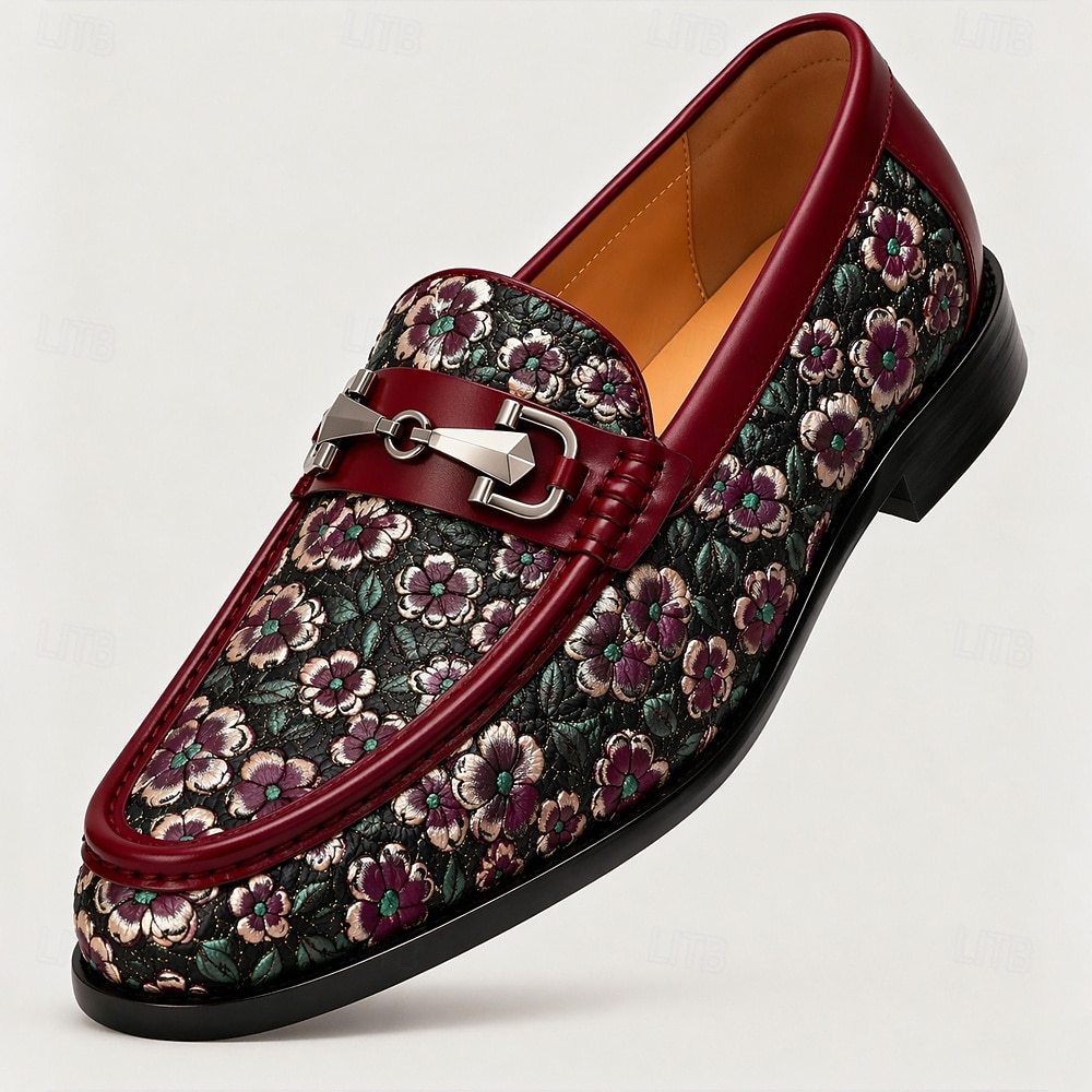 Herrloafers i vinröda blommiga jacquardmönster med slip-on-detaljer, eleganta statement-skor för bröllopsgäster, banketter, fester, mottagningar och kvällsevenemang 2026 - $109.99 –P6