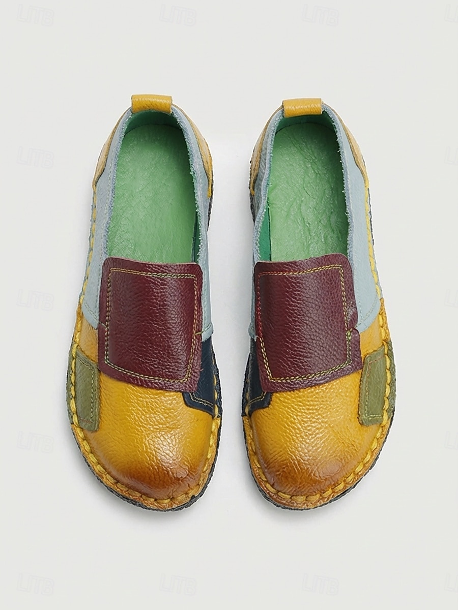 Women's Yellow Genuine Cowhide Colorblock Flats, Hand Stitched Slip On Casual Shoes, Comfortable Soft Sole Footwear for Daily Wear, Travel, Vacation & Casual Outings 2026 - $42.99 –P4