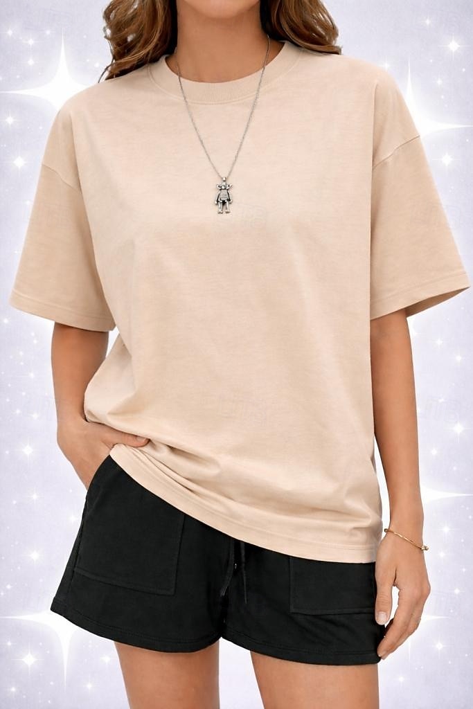 Camiseta de mujer de 100% algodón oversized camiseta de color sólido moda clásica casual de manga corta cuello redondo tops regulares para deportes salir diario verde salvia negro blanco amarillo 2026 - $24.99 –P12