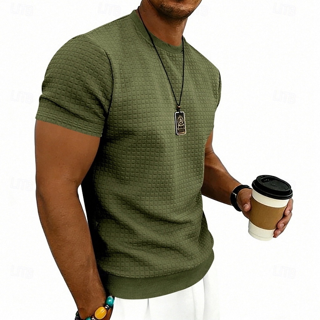 Herre Vaffel T-skjorte T skjorte Kortermet skjorte T-skjorte Kortermet Crew-hals Sommer Vår Helfarge Gatemote Stilfull Sportslig Jacquard Daglig utendørs Feriereise Hvit Svart Mørkegrå Topp T-skjorte 2026 - $20.99 –P16