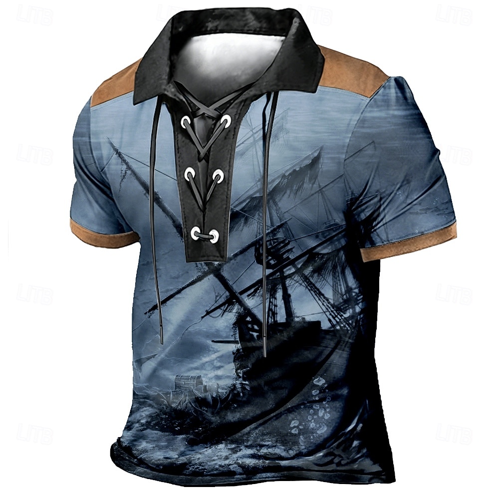Męskie Statek Koszulki polo Krótki rękaw Koszulki polo Zasznurować szyję Zabytkowe Codzienny Streetwear Dzienne zużycie Druk 3D Oddychająca siateczka Wiosna i lato Niebieski Brązowy Zielony 2026 - $22.99 –P2