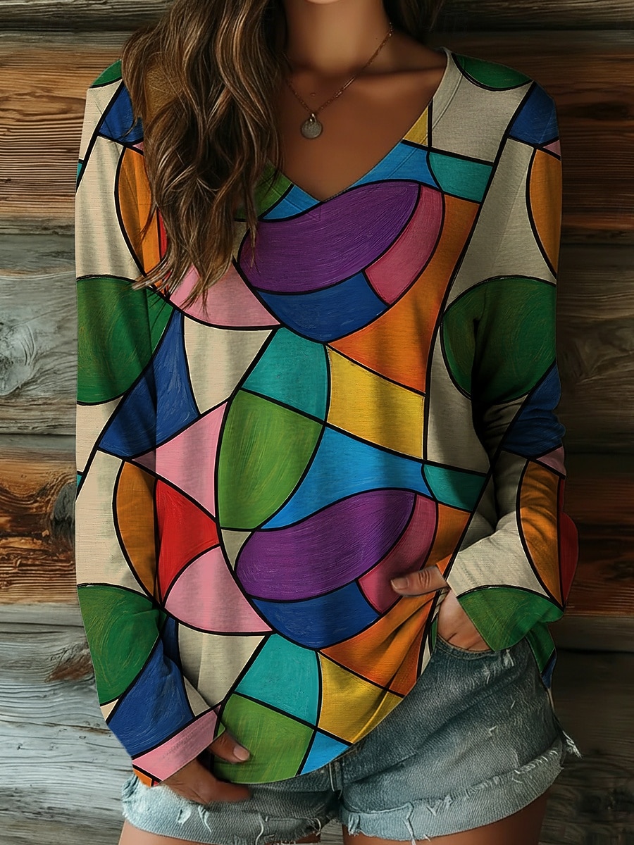 Mulheres Camiseta Imprimir Gráfico Geométrica Bloco de cor à moda Casual Manga Longa Decote V Tops regulares Diário Arco-íris Primavera Outono de 2026 por $16.49 –P1